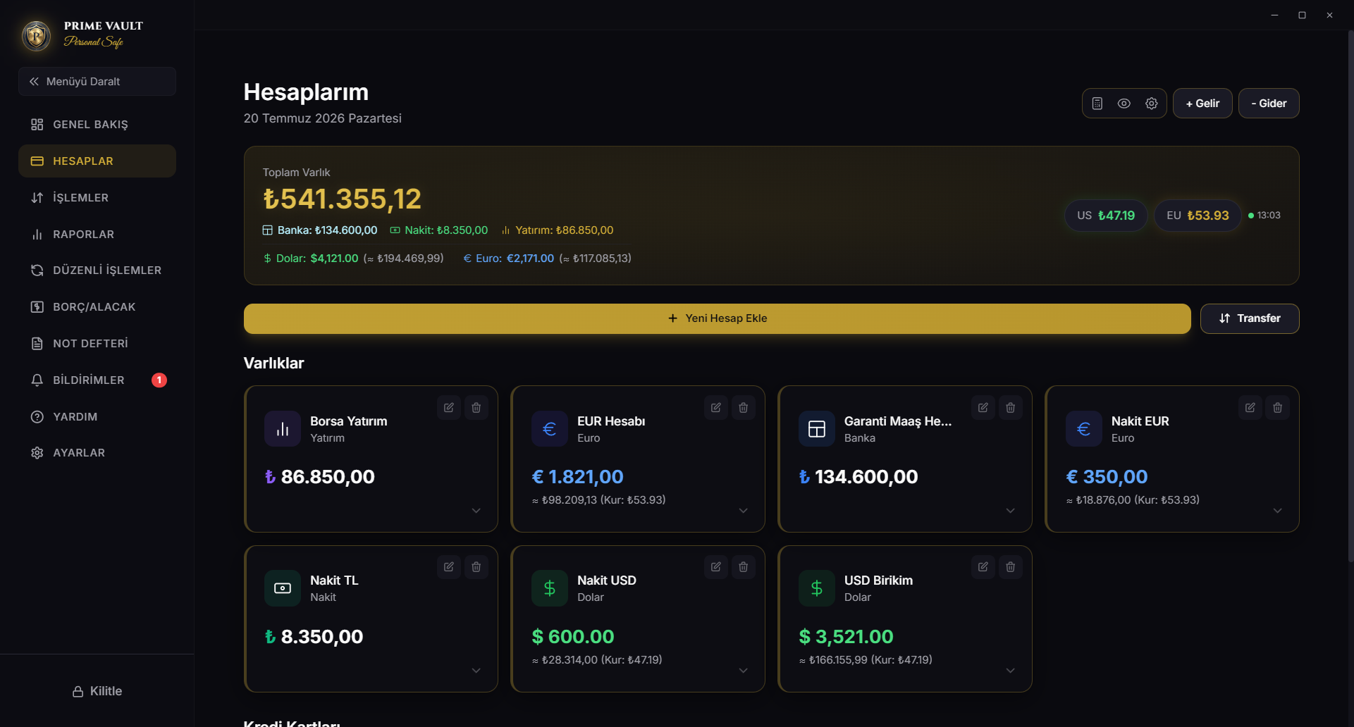 Prime Vault hesap ve varlık yönetimi ekranı
