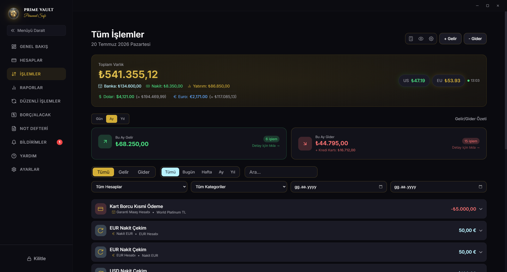 Prime Vault gelir ve gider işlemleri ekranı