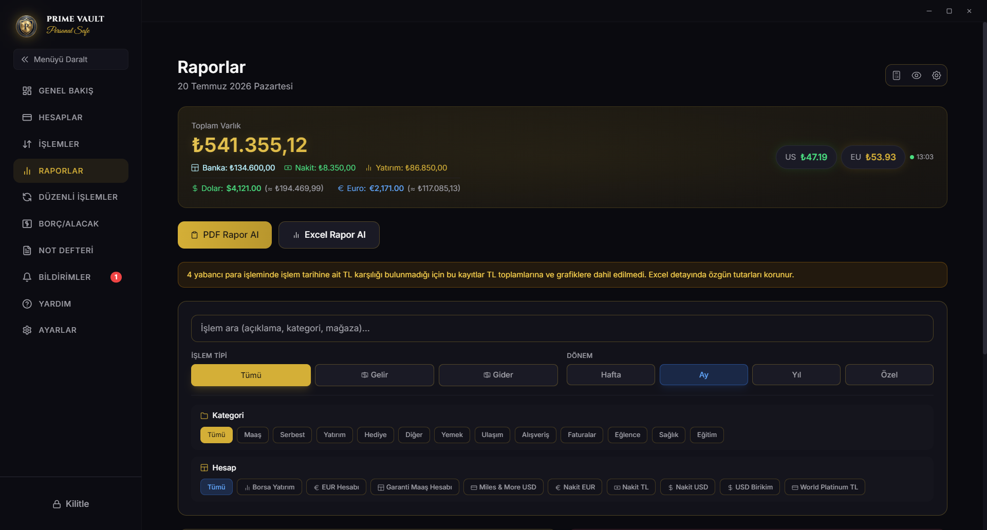 Prime Vault finansal raporlama ekranı
